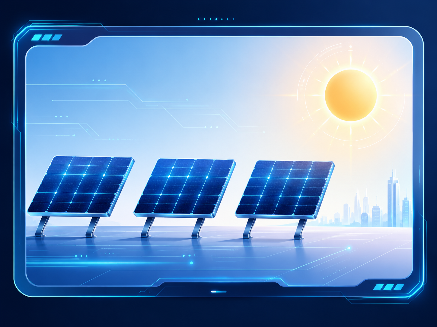 Futuristic illustration of a solar photovoltaic array beneath a glowing sun, framed by a blue technology interface.